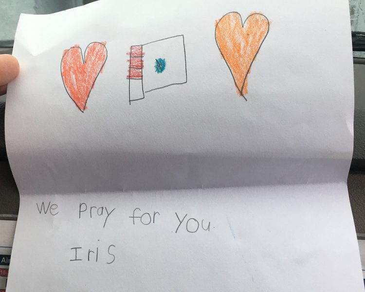 Child's card that says 'we pray for you'