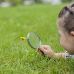 little girl looking at flower with magnifying glass
