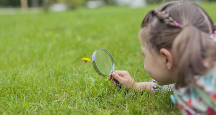 little girl looking at flower with magnifying glass