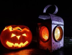 carved pumpkin and a lantern