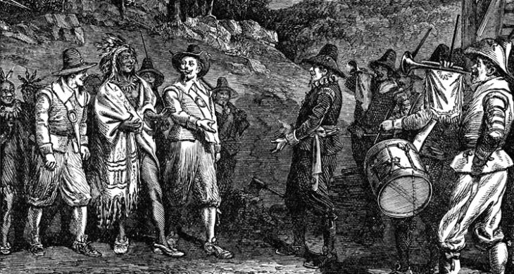 Pilgrims receiving Massasoit - Illustration