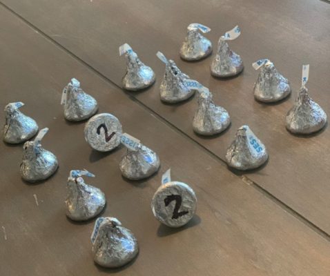 hershey kisses lined up with two matching numbers showing on the bottom