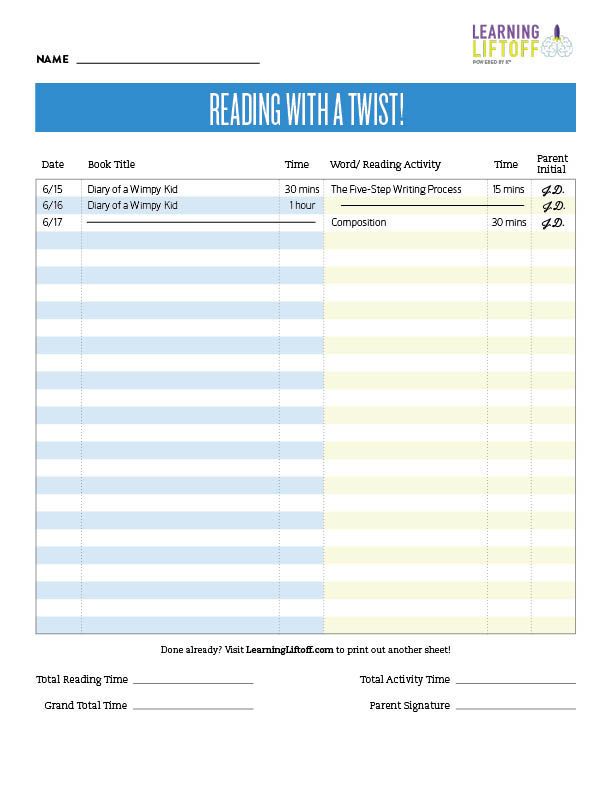 Reading Log Example