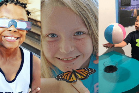 child with eclipse glasses, girl with butterfly and boy in museum with a suspended ball