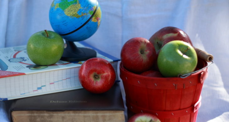 Basket of apples with books and globe