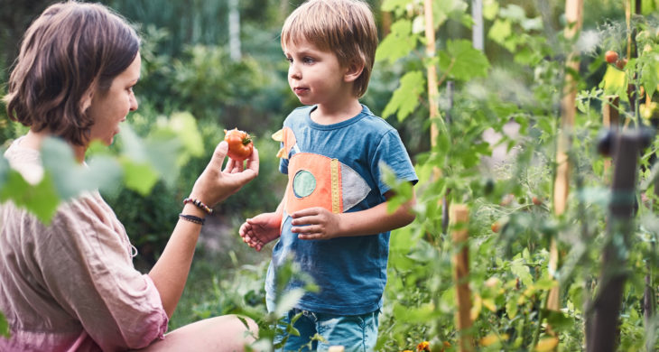 mom and child in garden